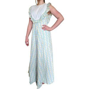 Hilda Hawaii 1970s Maxi Dres Vintage Sleeveless Floral Maxi Ruffle White Bib S